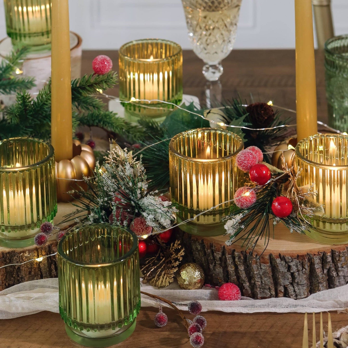 Ribbed Green Glass Votive Candle Holder (Set of 6)
